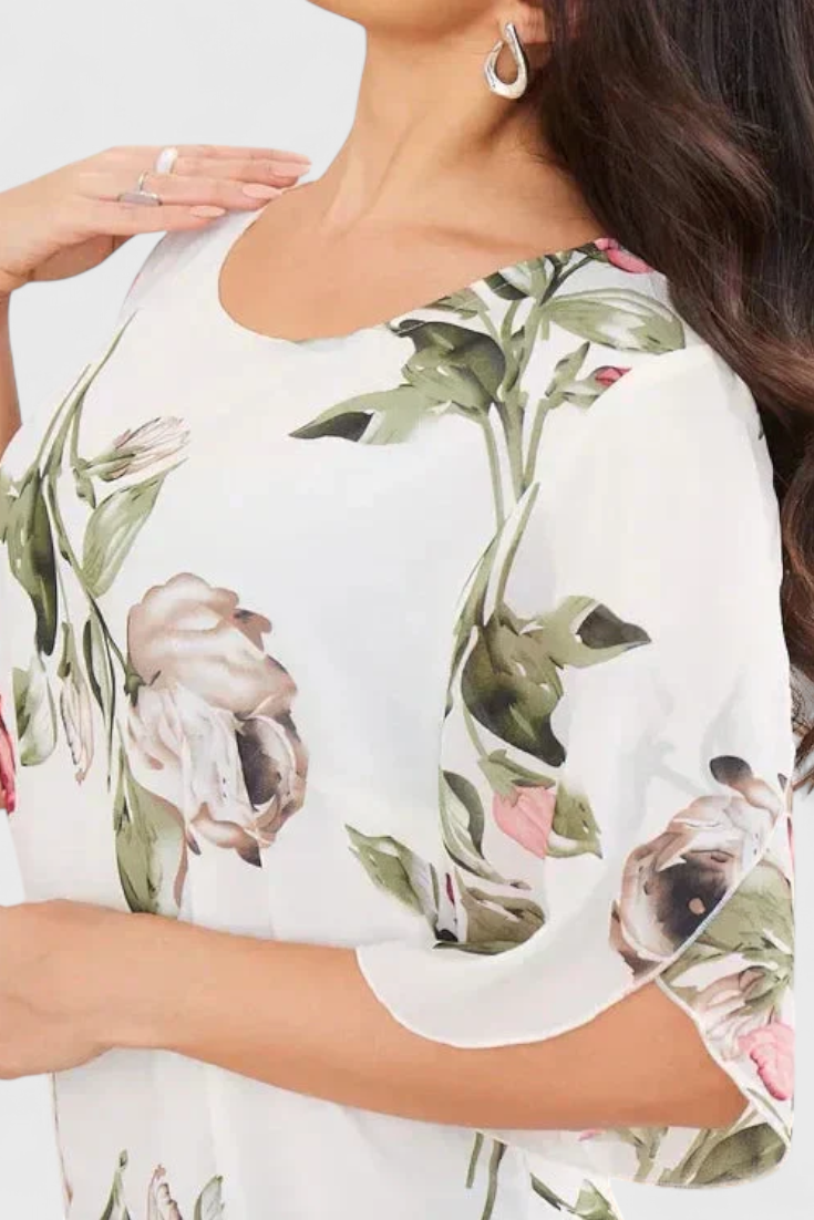 Vestido Gasa Fluida Con Pétalos Estampados Escote En V