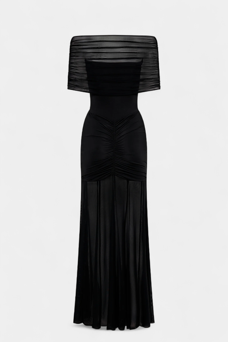 Vestido Maxi Barco Con Capa De Malla Glam Nocturno Seductor