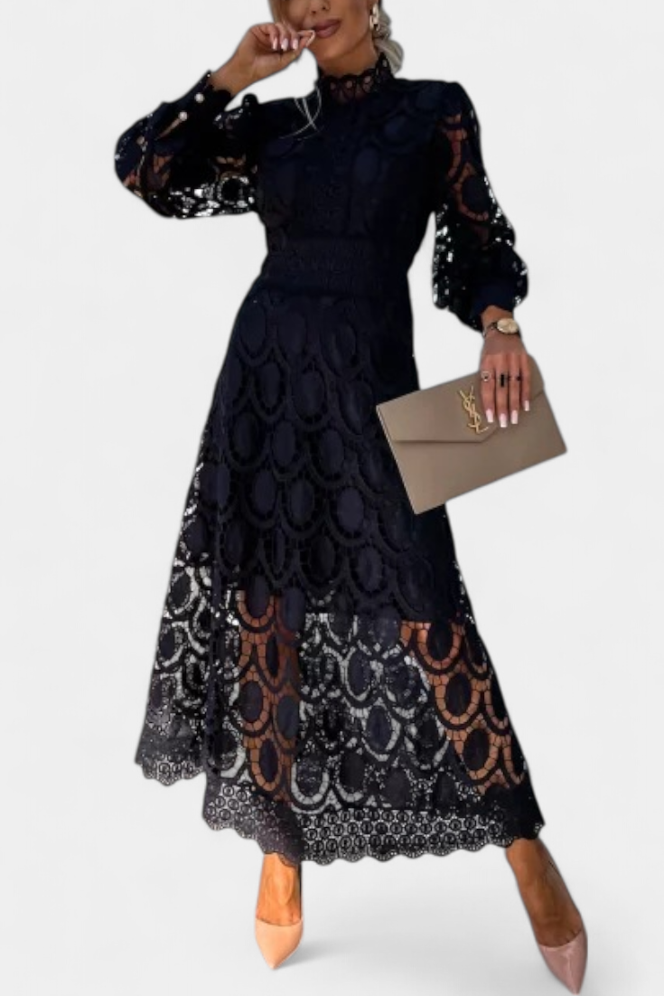 Vestido Midi Encaje Calado Con Mangas Farol Cuello Alto