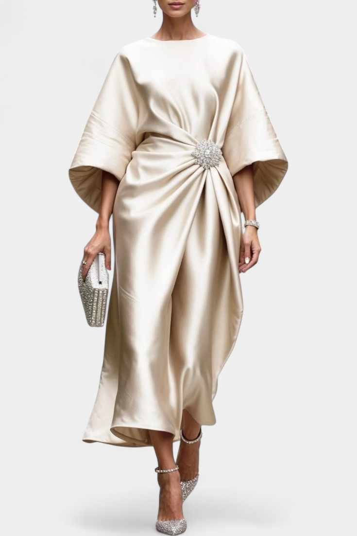 Vestido Largo Satén Brillo Luxe Con Detalles Fruncidos