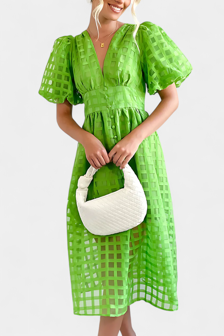 Vestido Midi Vintage Con Mangas Abullonadas Y Cuadrados