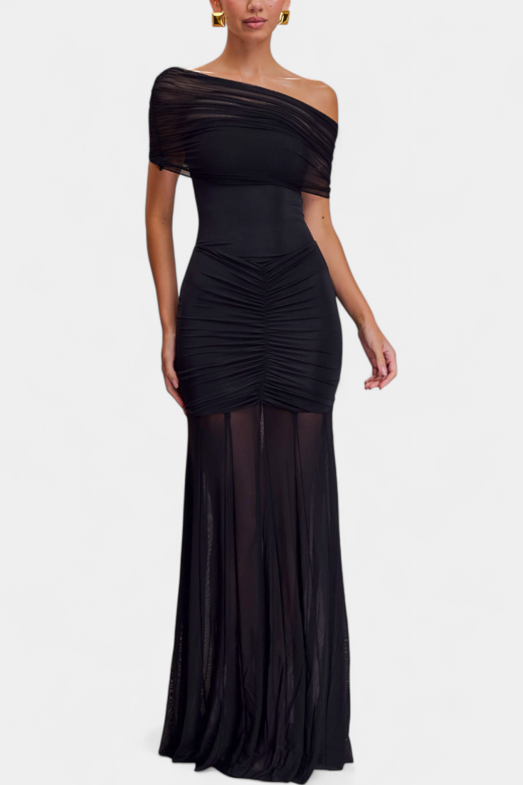 Vestido Maxi Barco Con Capa De Malla Glam Nocturno Seductor