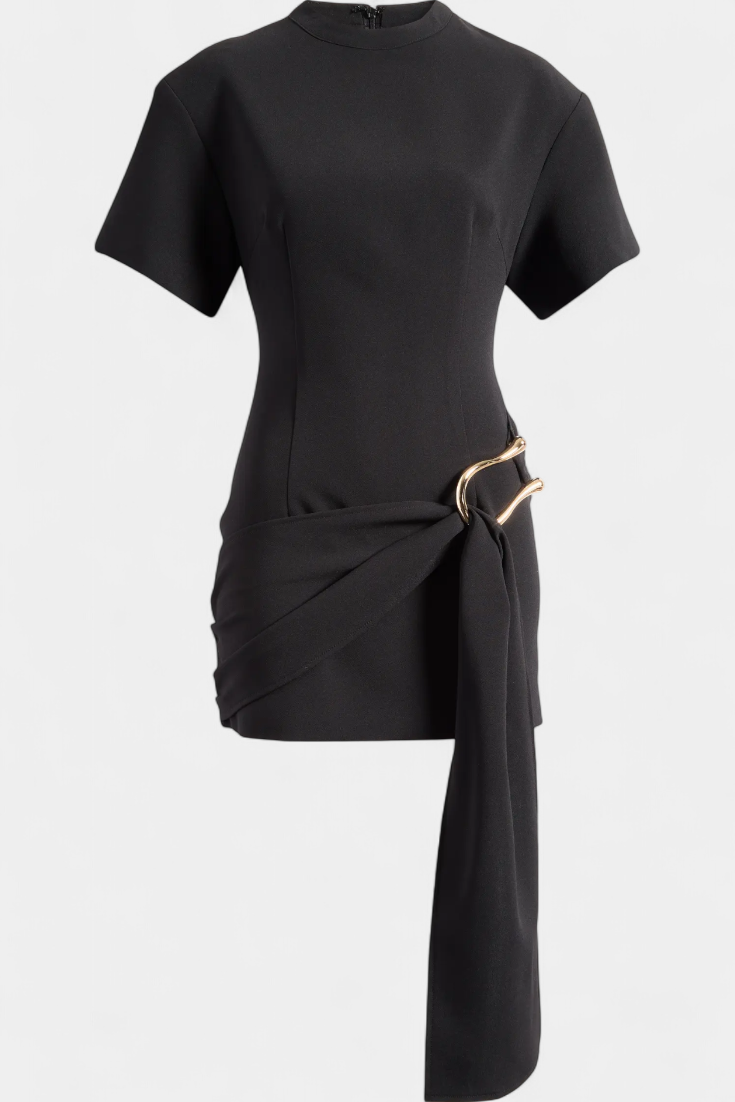 Vestido Mini Coraline Con Cintura Drapeada Hebilla Dorada