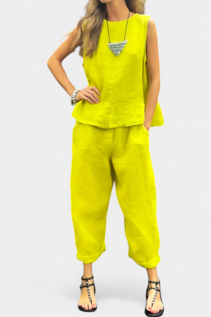 Leona Conjunto Coqueto Chaleco Pantalón Algodón Lino
