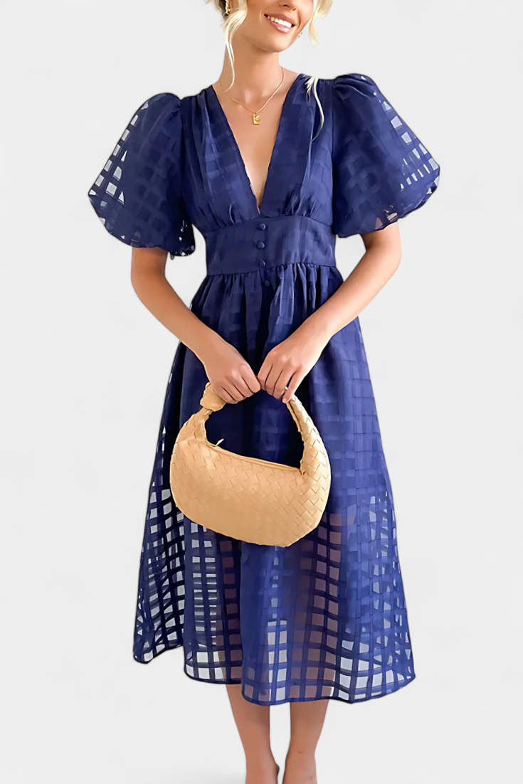 Vestido Midi Vintage Con Mangas Abullonadas Y Cuadrados