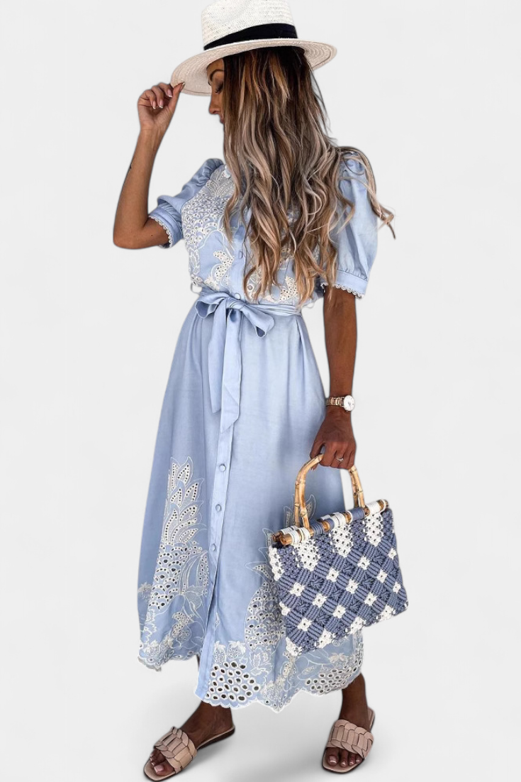 Vestido Camisero Bordado Floral Manga Abullonada Piña Chic