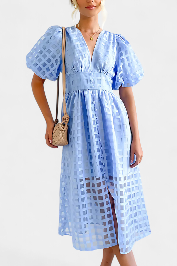 Vestido Midi Vintage Con Mangas Abullonadas Y Cuadrados