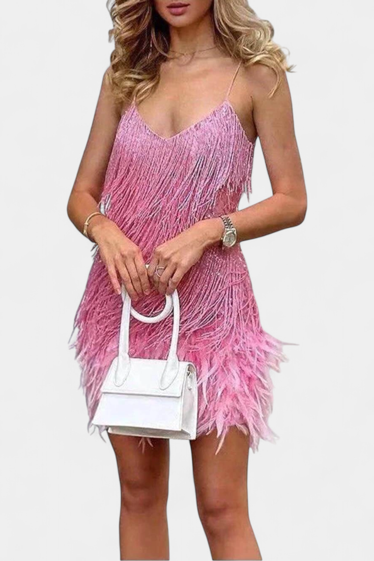 Vestido Mini con Plumas Sheril Noche Colección Exclusiva