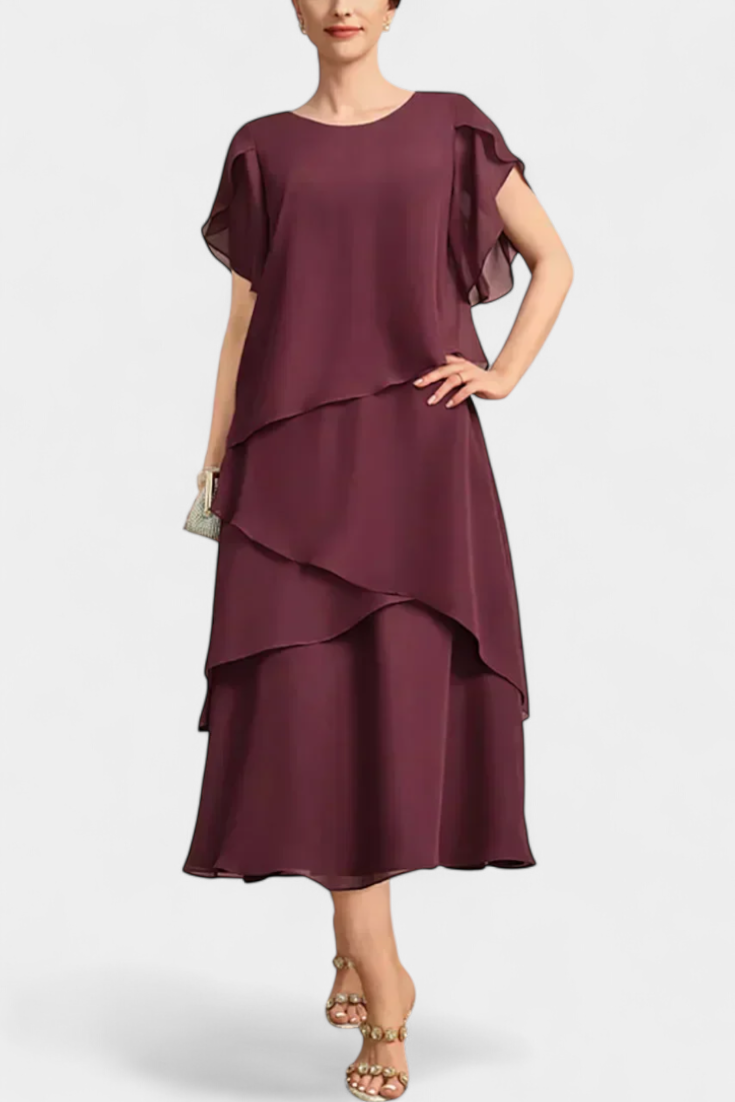Vestido de Chiffon Silueta Flotante y Capas Asimétricas
