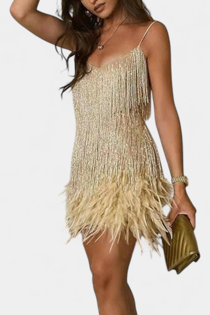 Vestido Mini con Plumas Sheril Noche Colección Exclusiva