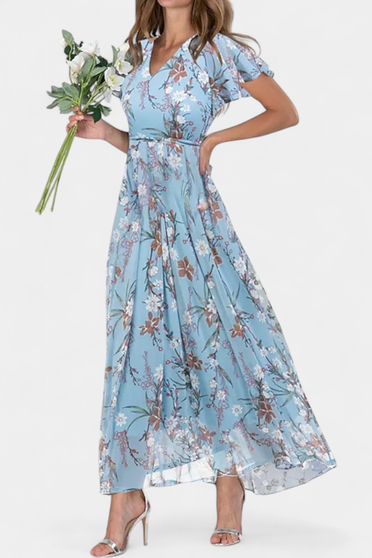 Vestido Maxi Floral Amara Con Escote En V Mangas Aladas