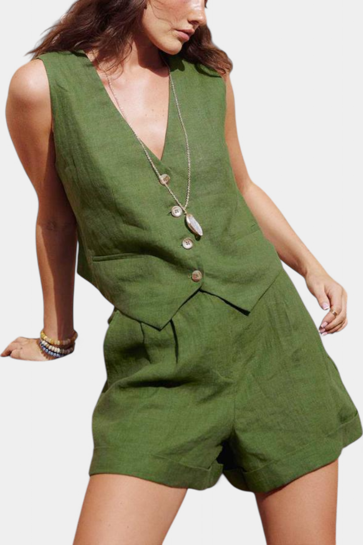 Conjunto Jennifer Chaleco Lux Lino Algodón Pantalones Cortos