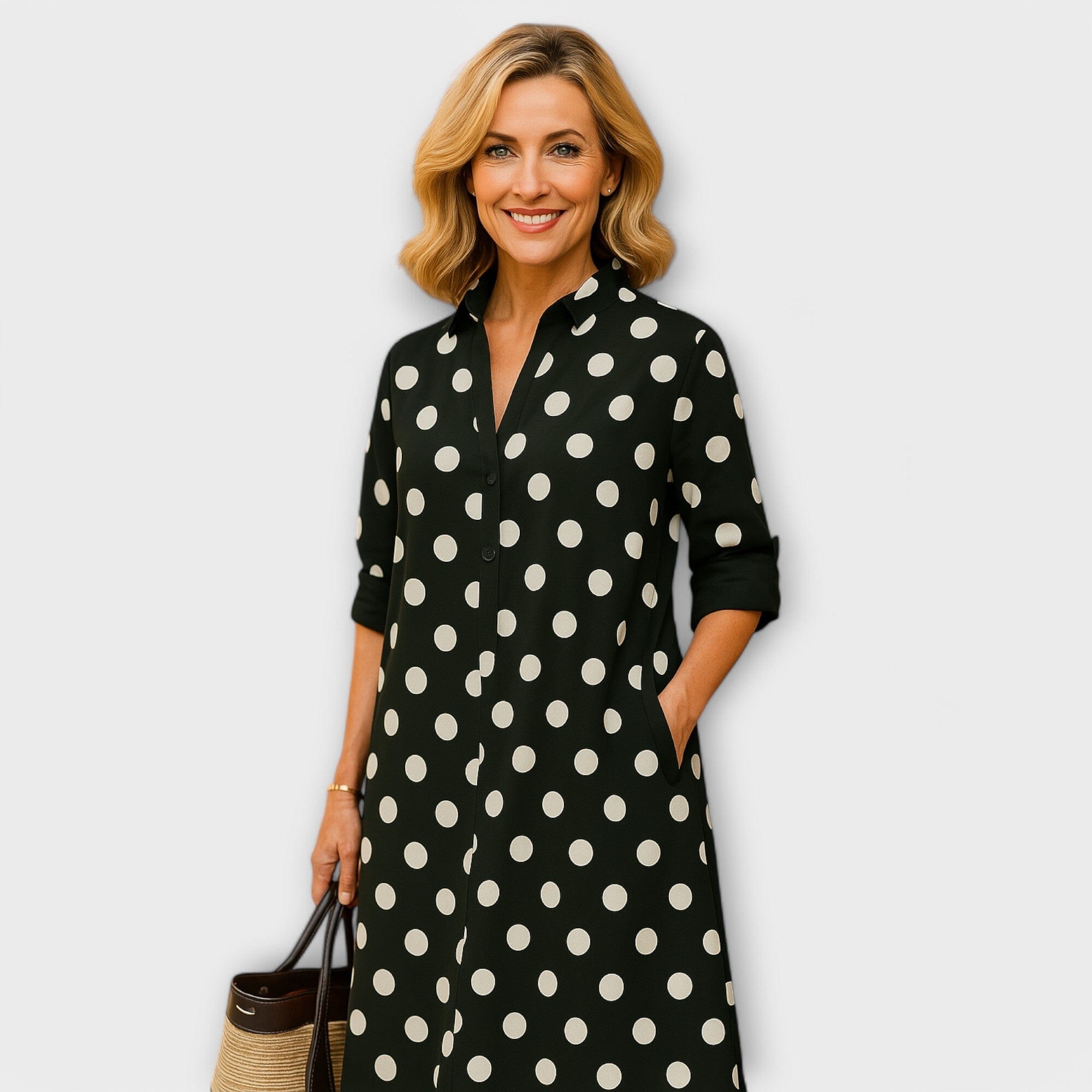Vestido de camisa moderno con cuello y mangas tres cuartos Vestido de camisa moderno con cuello y mangas tres cuartos A minha loja Schwarzweiß XS