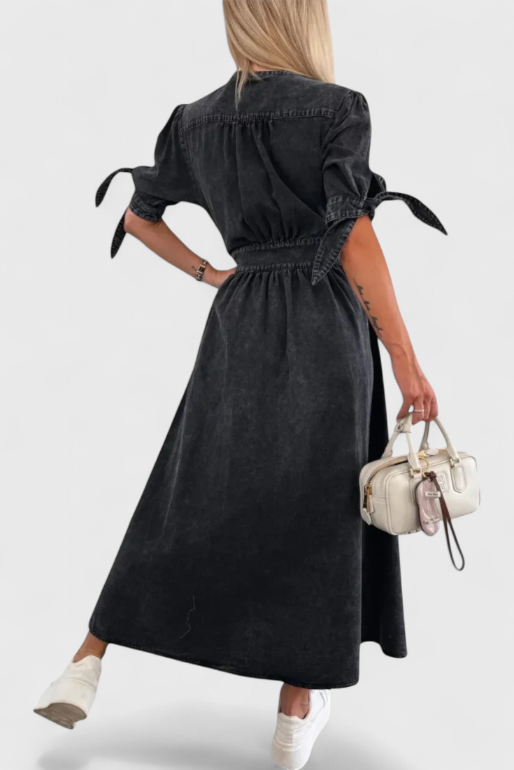 Vestido Midi Denim Premium Con Botones Y Escote V Muy Chic
