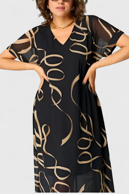 Vestido Negro Allegra Estampado Abstracto Dorado Brillante