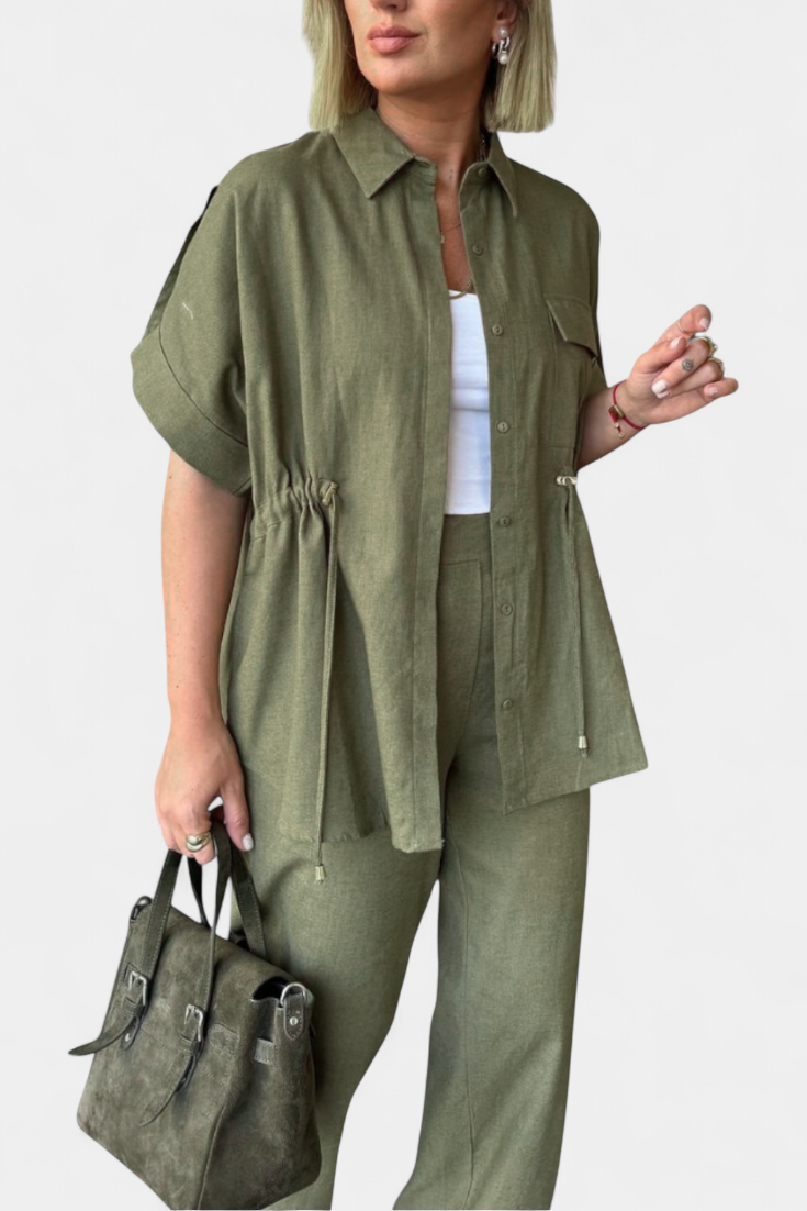 Conjuntazo Lani Camisa Suelta Pantalones Algodón Lino Ligero