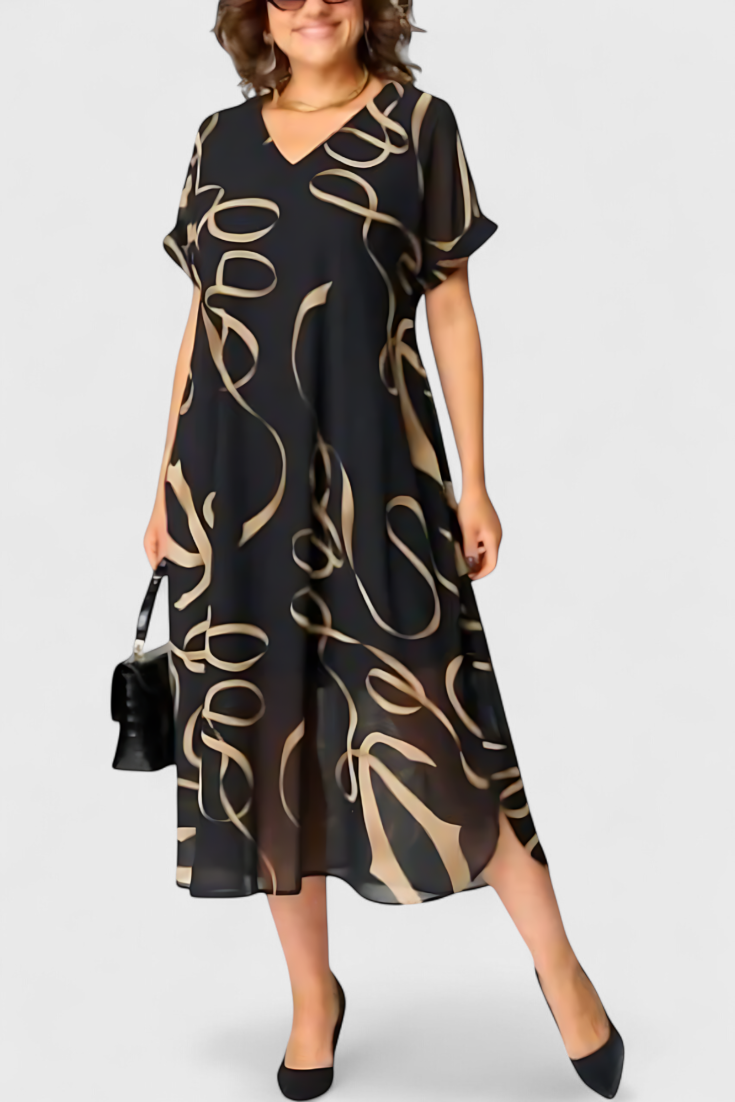 Vestido Negro Allegra Estampado Abstracto Dorado Brillante