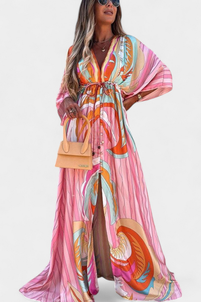 Vestido Maxi Arcoíris Con Manga Murciélago Fluido Estampado