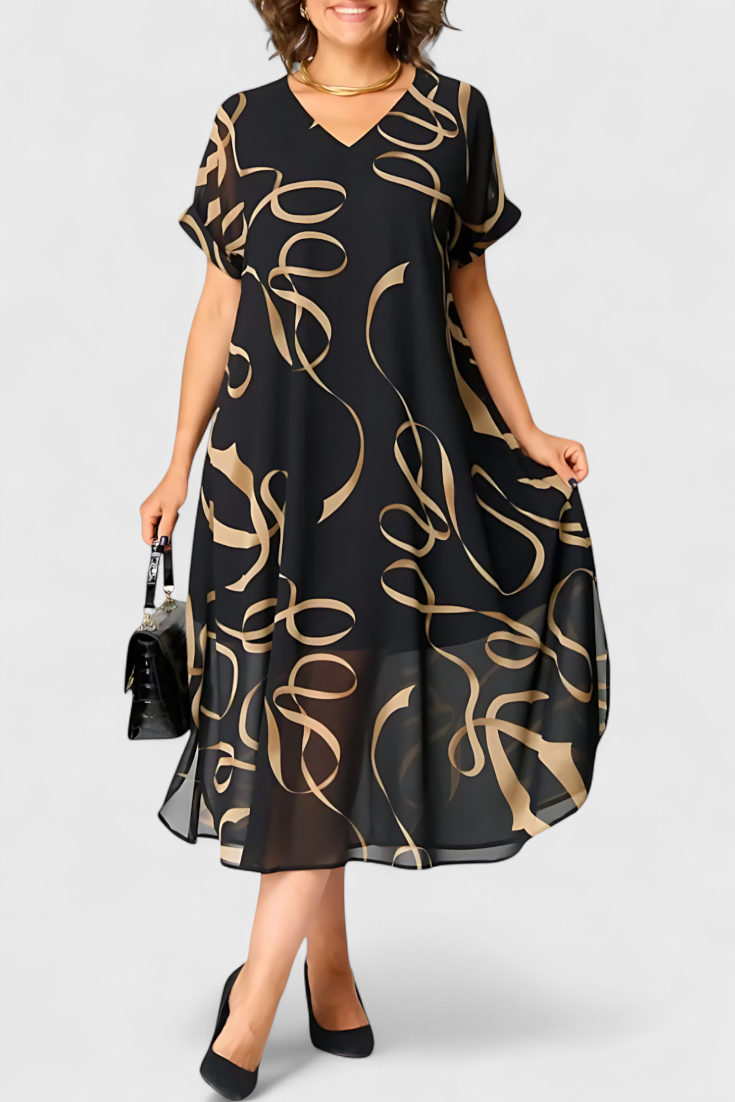 Vestido Negro Allegra Estampado Abstracto Dorado Brillante