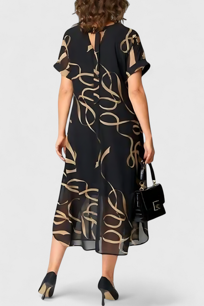 Vestido Negro Allegra Estampado Abstracto Dorado Brillante