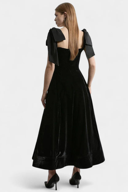Vestido Midi De Terciopelo Sin Tirantes Con Lazo Coqueto