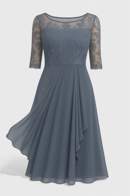 Vestido Midi Bordado Chiffon Ilusorio Con Detalles Florales