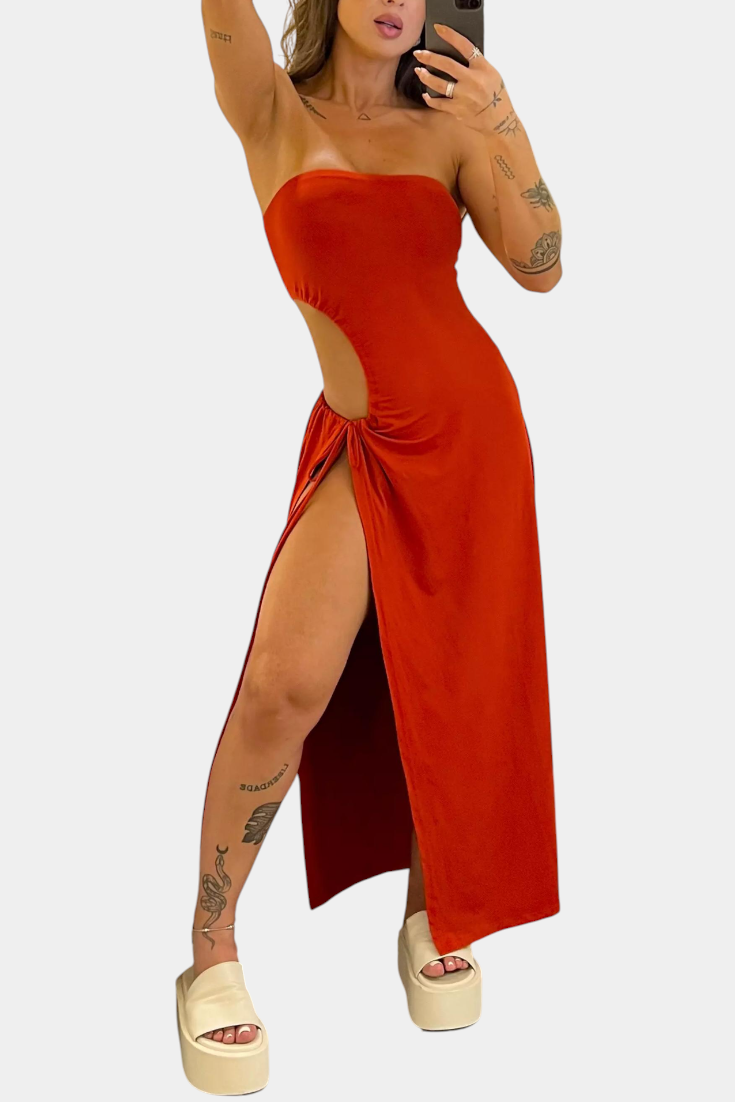 Vestido Sin Tirantes Con Lazo Travieso Y Abertura Lateral