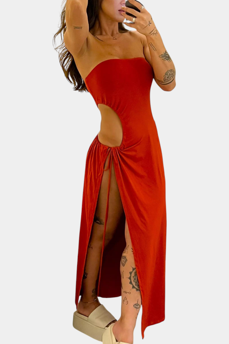 Vestido Sin Tirantes Con Lazo Travieso Y Abertura Lateral
