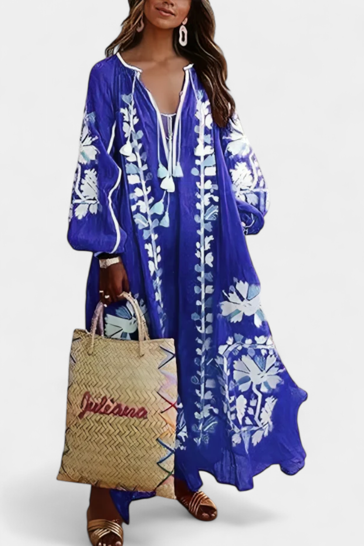 Vestido Bohemio Con Bordado Floral Y Mangas Abullonadas