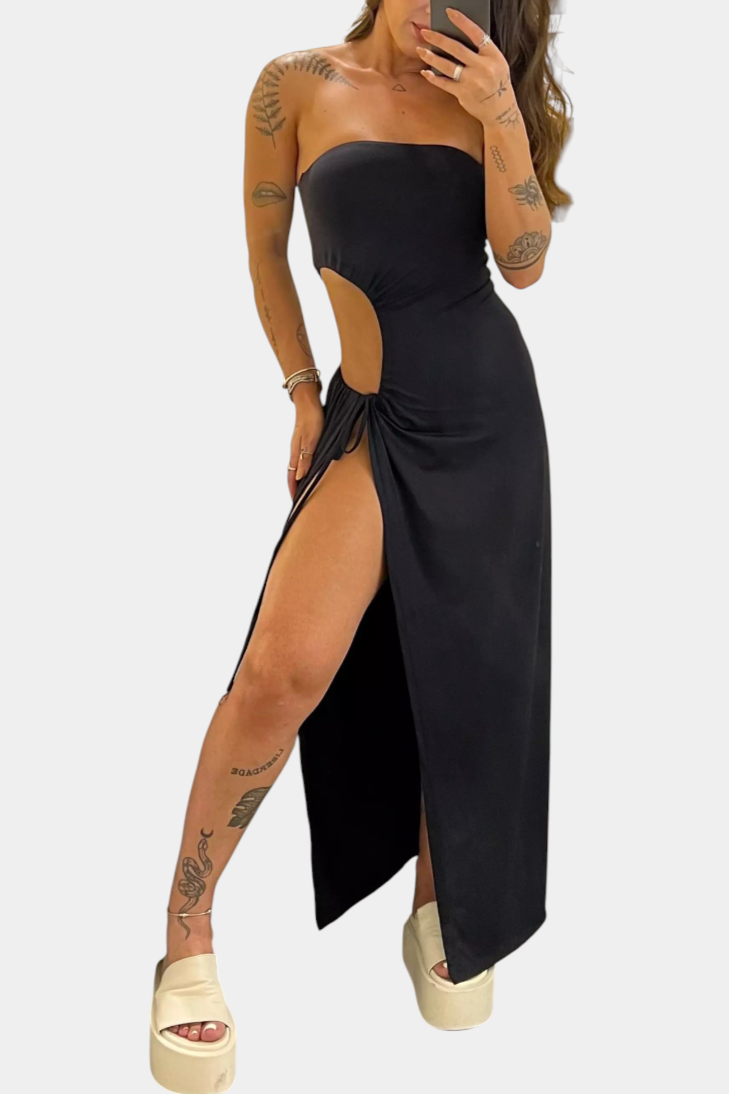 Vestido Sin Tirantes Con Lazo Travieso Y Abertura Lateral