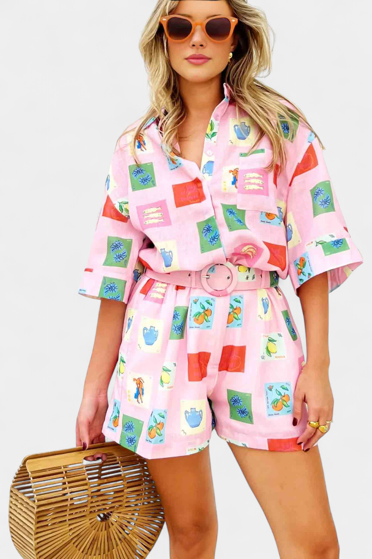 Conjunto De Camisa Y Shorts Rosa Estampado Vibrante