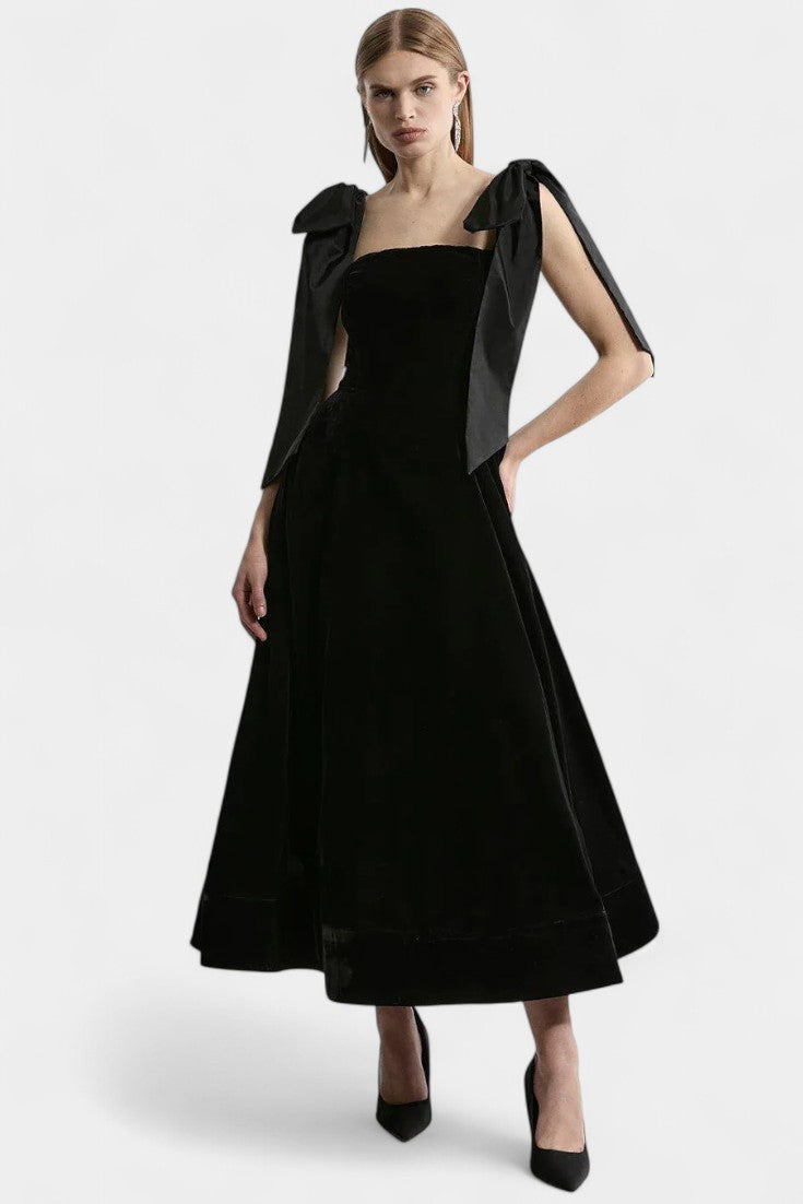 Vestido Midi De Terciopelo Sin Tirantes Con Lazo Coqueto