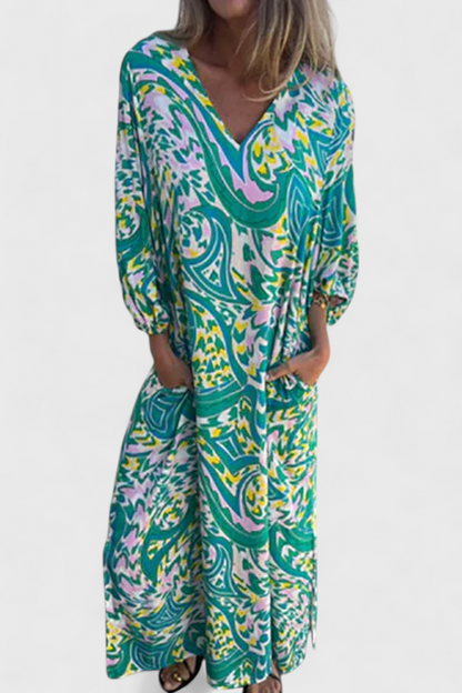 Vestido Maxi Bohemio Con Estampado Abstracto Y Escote En V