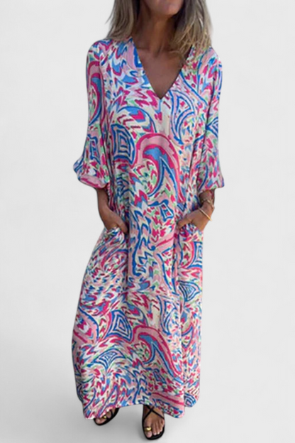 Vestido Maxi Bohemio Con Estampado Abstracto Y Escote En V