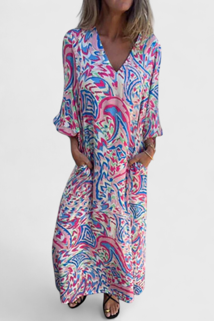 Vestido Maxi Bohemio Con Estampado Abstracto Y Escote En V