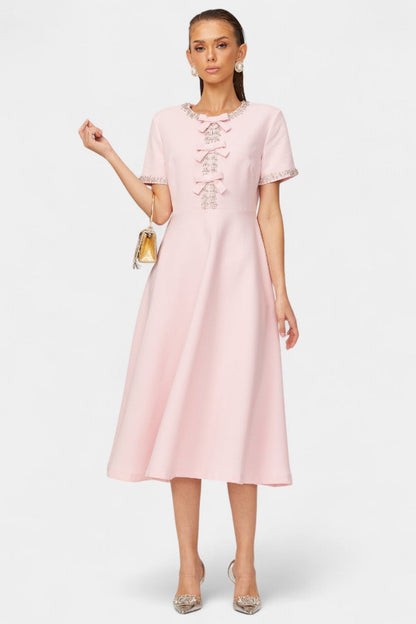 Vestido Midi Acampanado con Lazo Cristal Exclusivo Brillo