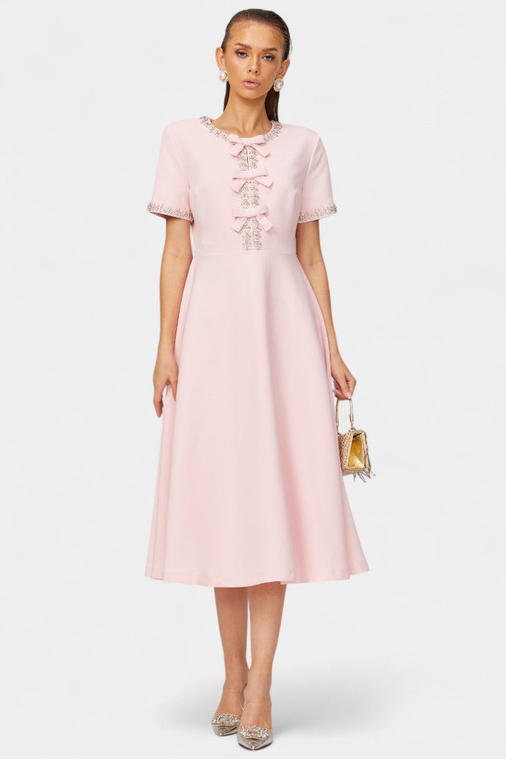 Vestido Midi Acampanado con Lazo Cristal Exclusivo Brillo