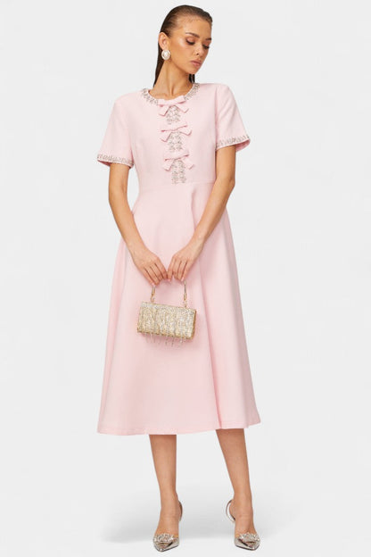Vestido Midi Acampanado con Lazo Cristal Exclusivo Brillo