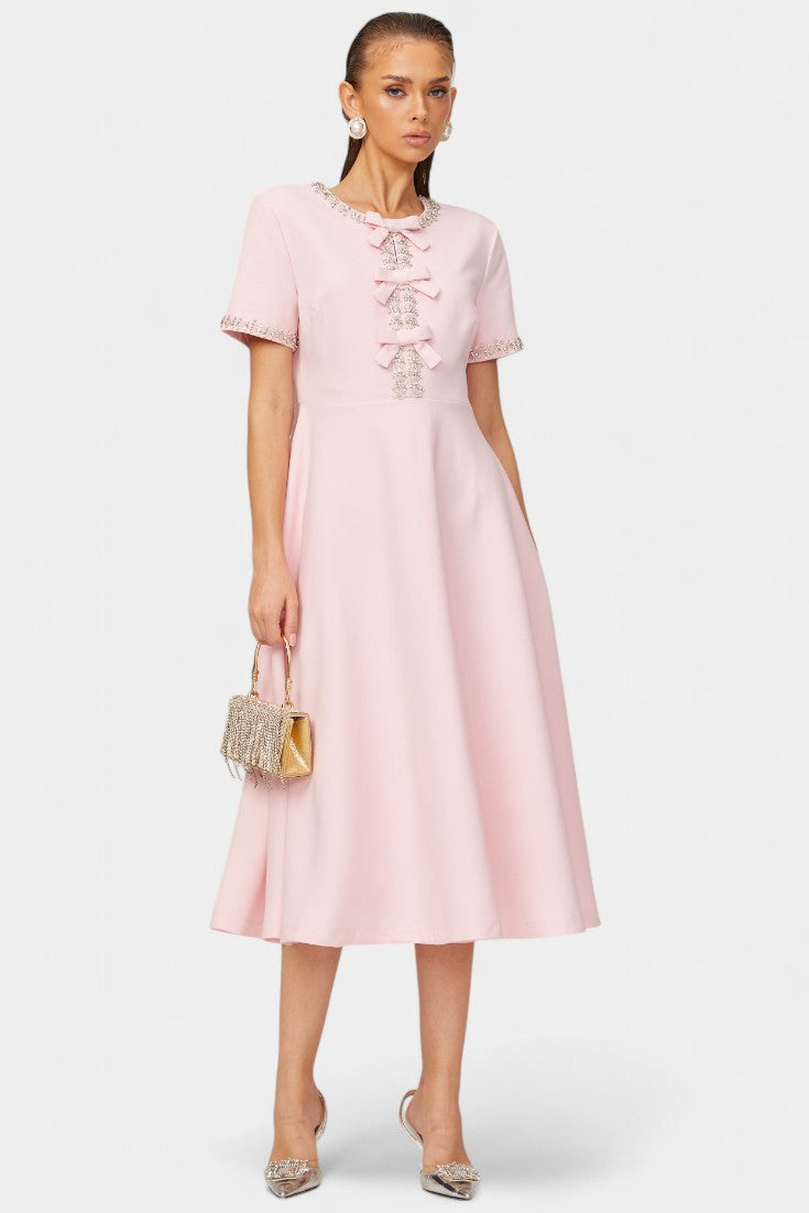 Vestido Midi Acampanado con Lazo Cristal Exclusivo Brillo