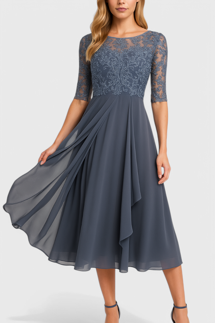 Vestido Midi Bordado Chiffon Ilusorio Con Detalles Florales
