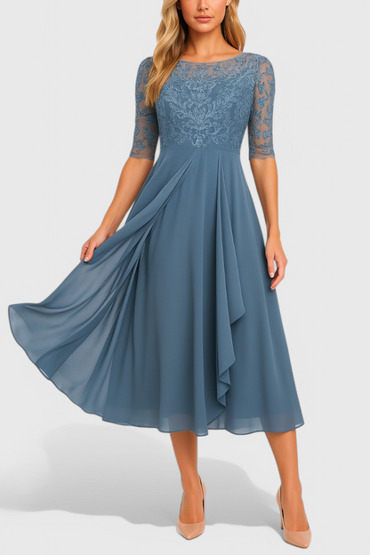 Vestido Midi Bordado Chiffon Ilusorio Con Detalles Florales