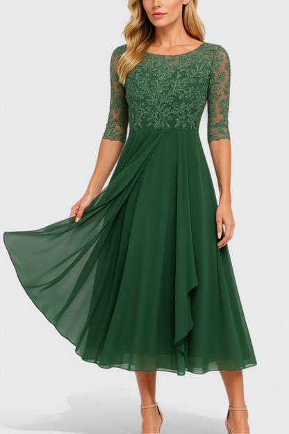 Vestido Midi Bordado Chiffon Ilusorio Con Detalles Florales