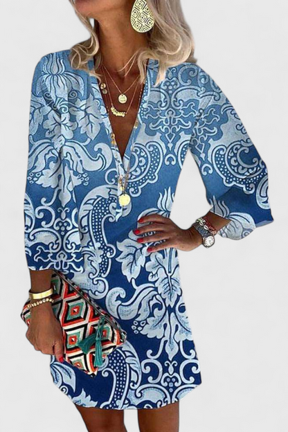 Vestido Mini Azul Seda Con Escote V Y Manga Larga Brilla