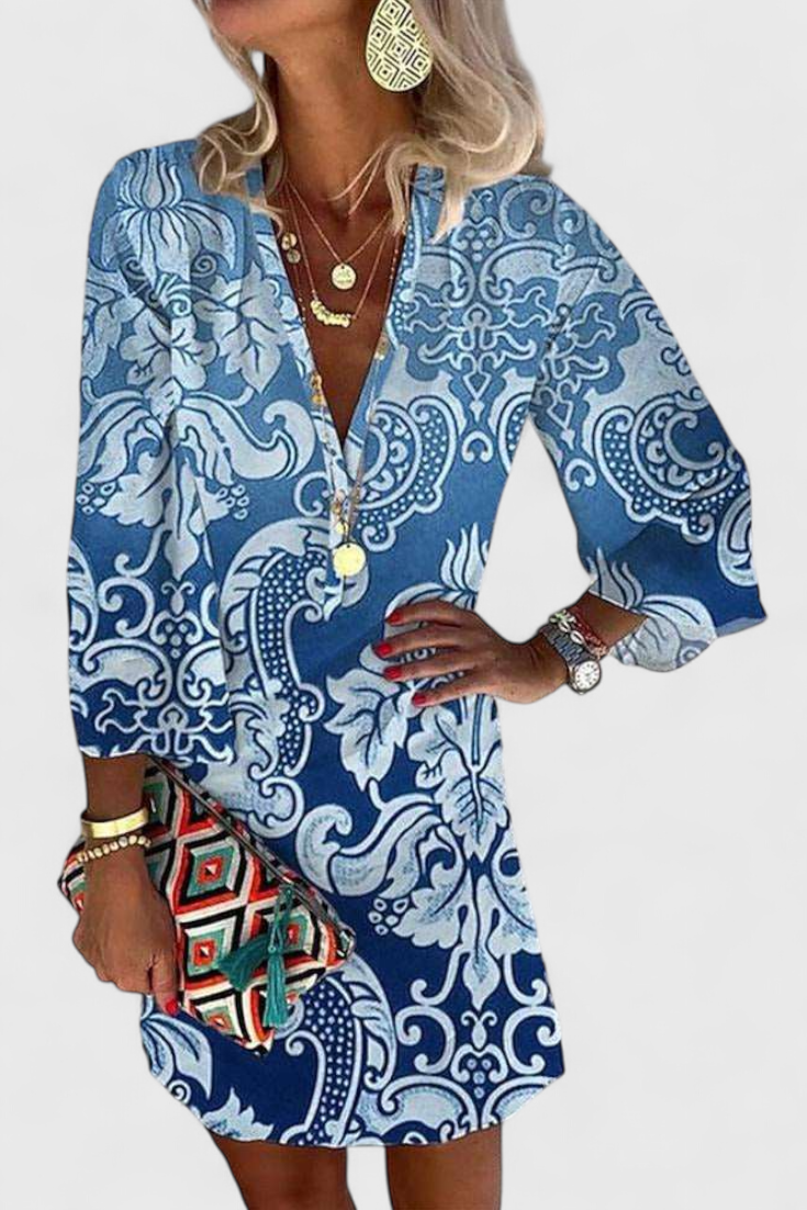 Vestido Mini Azul Seda Con Escote V Y Manga Larga Brilla