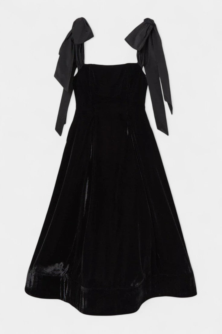 Vestido Midi De Terciopelo Sin Tirantes Con Lazo Coqueto