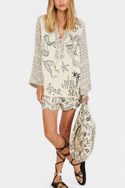 Conjunto Camisero Estampado Marina Con Shorts Elásticos
