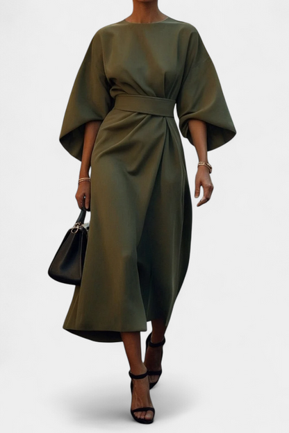 Vestido Midi Exclusivo Con Mangas Lantern Y Cintura