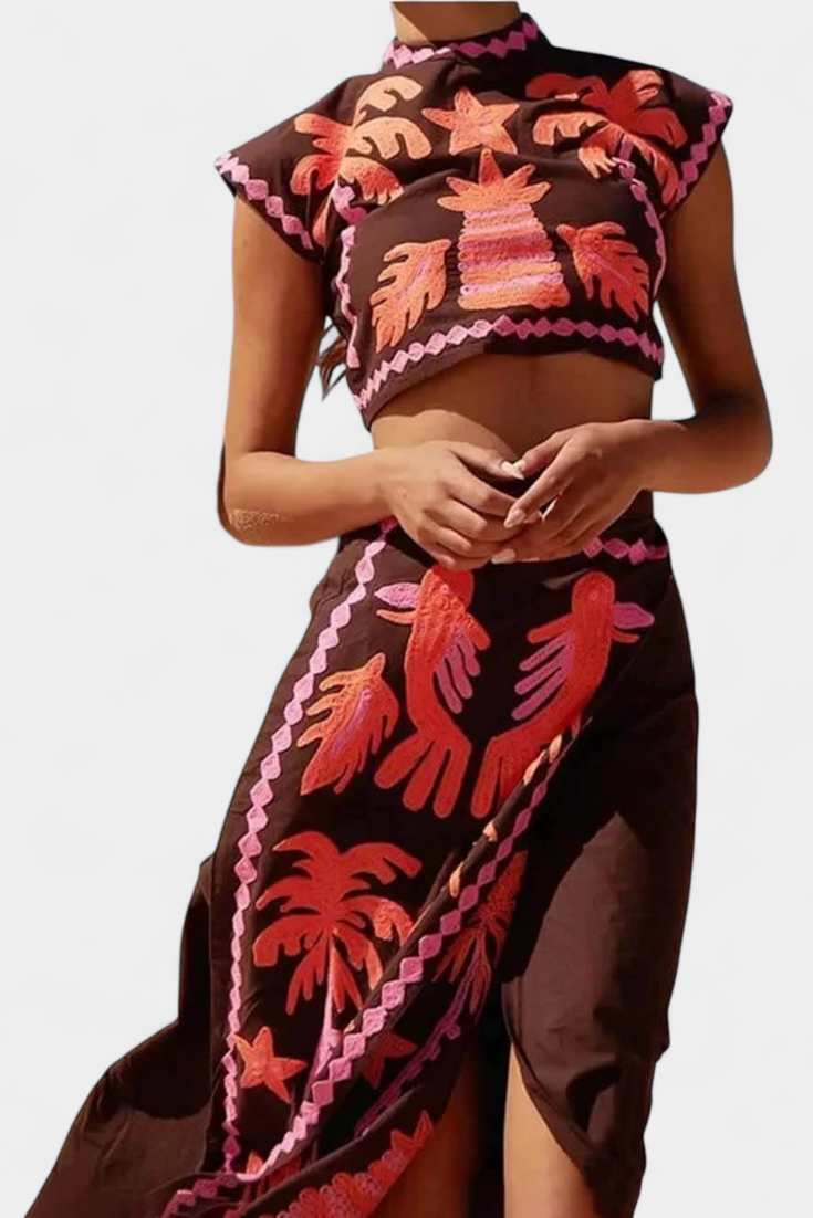 Conjunto Top Recortado Estampado Palmera Y Falda Exclusiva