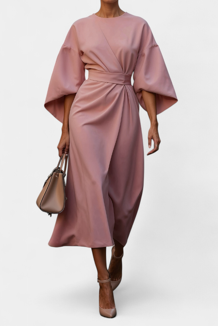 Vestido Midi Exclusivo Con Mangas Lantern Y Cintura