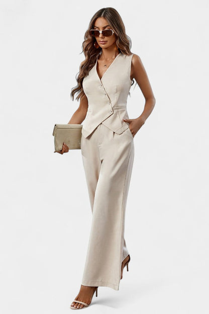 Conjunto Chic Peplum Chaleco Pantalones Cintura Alta Lujo
